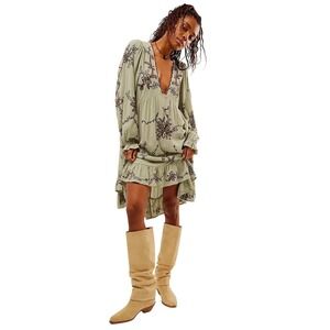 Free People Sage Green Floral Mini Dress with Black Print